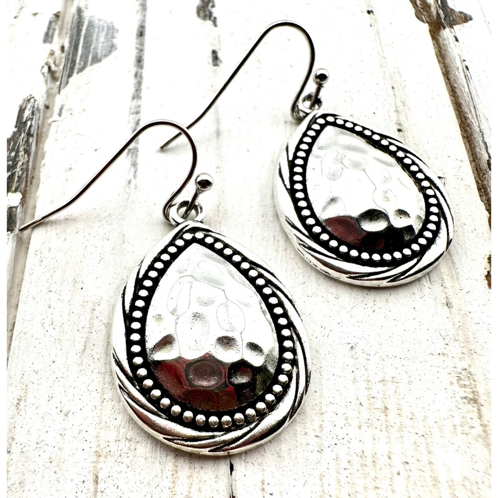 Hammered Silver Tone Teardrop Earrings with a Braided Frame